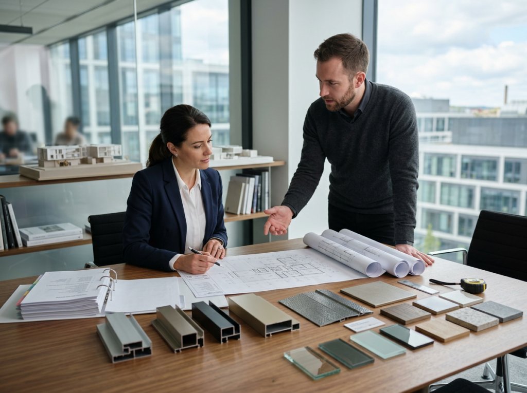 Project planning with aluminum facade and window system samples