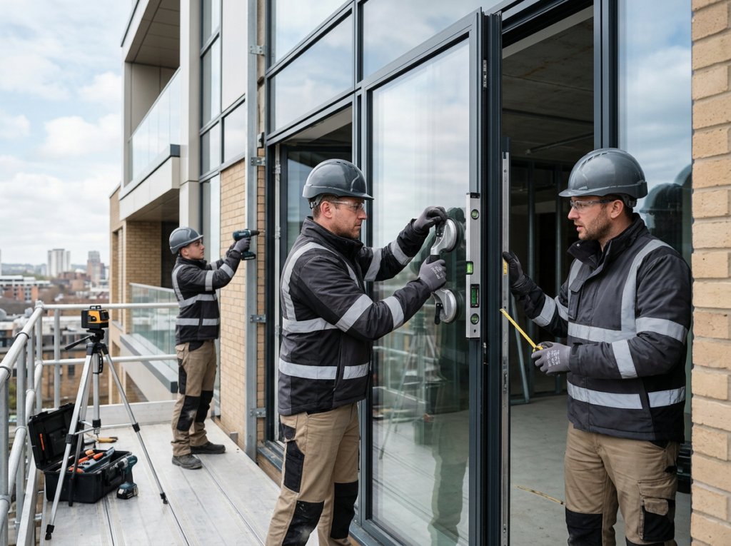 Installers aligning aluminum window system on project site